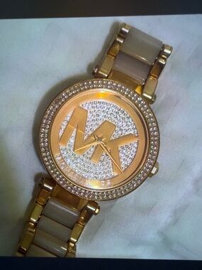 Michael Kors Gold and Cream-tone Crystal Logo Bracelet Watch